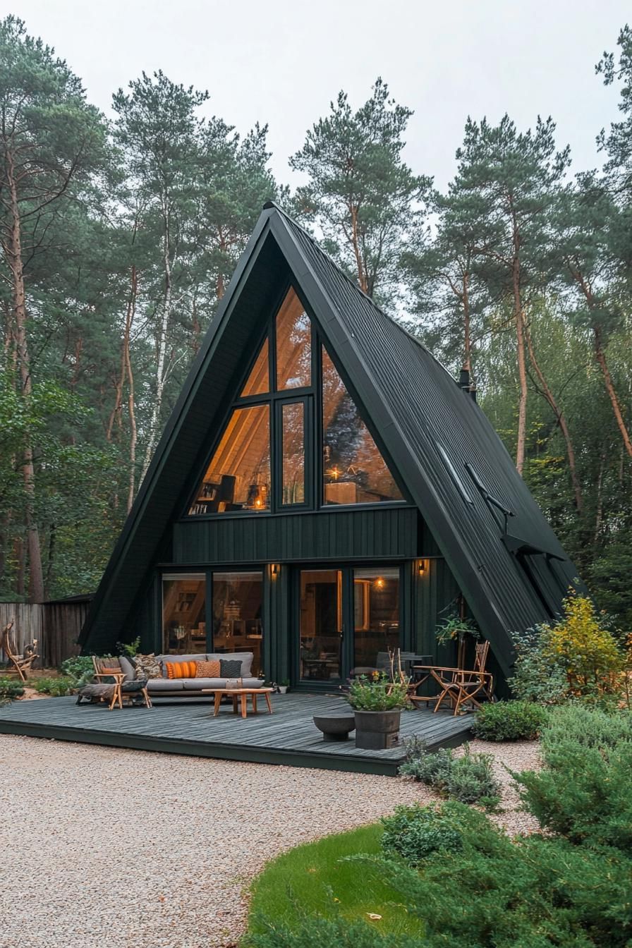 modern dark green a frame cabin with large eaves in natural wood eaves provide cover for a small seating area yard in fine gravel forest in the 3