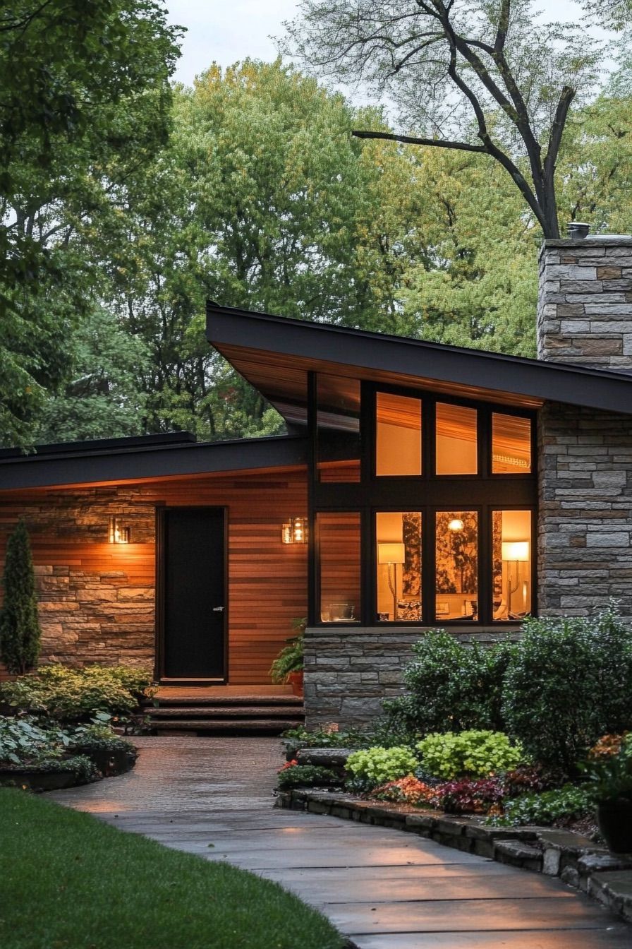 mid century modern house wood and stone siding 2