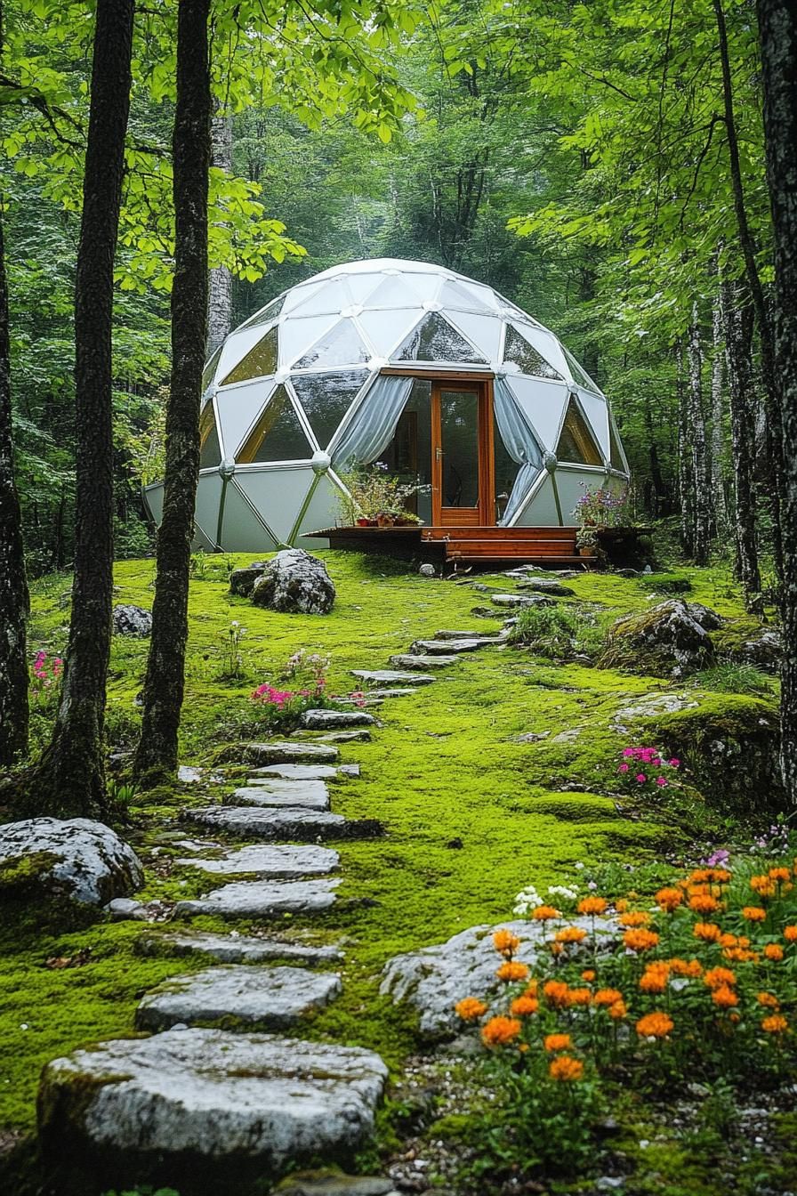 modern geodesic dome house in a mountain forest glade with mossy stone path and flower garden