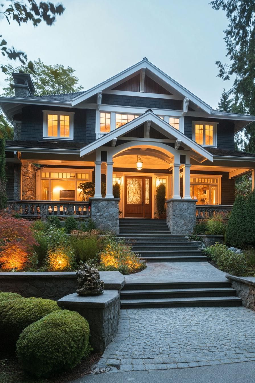 modern craftsman style house with vertical grey slatting white trim with ornament details decorative shutters stone foundation entry with columns
