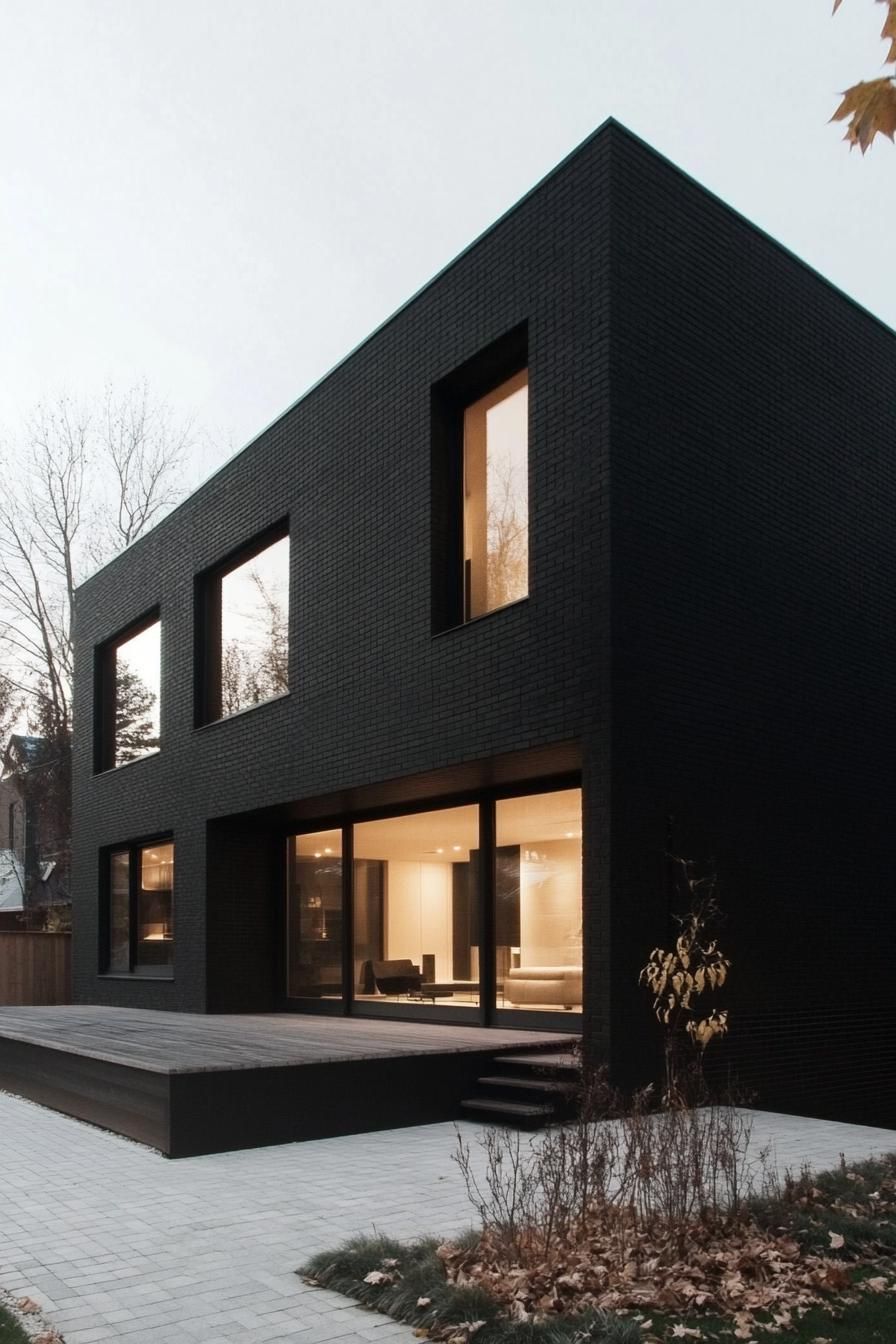 modern black brick house with large windows and visible white interior 2