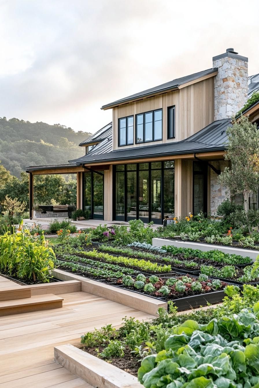 modern farmhouse with veggie gardens bordered with irrigation 3