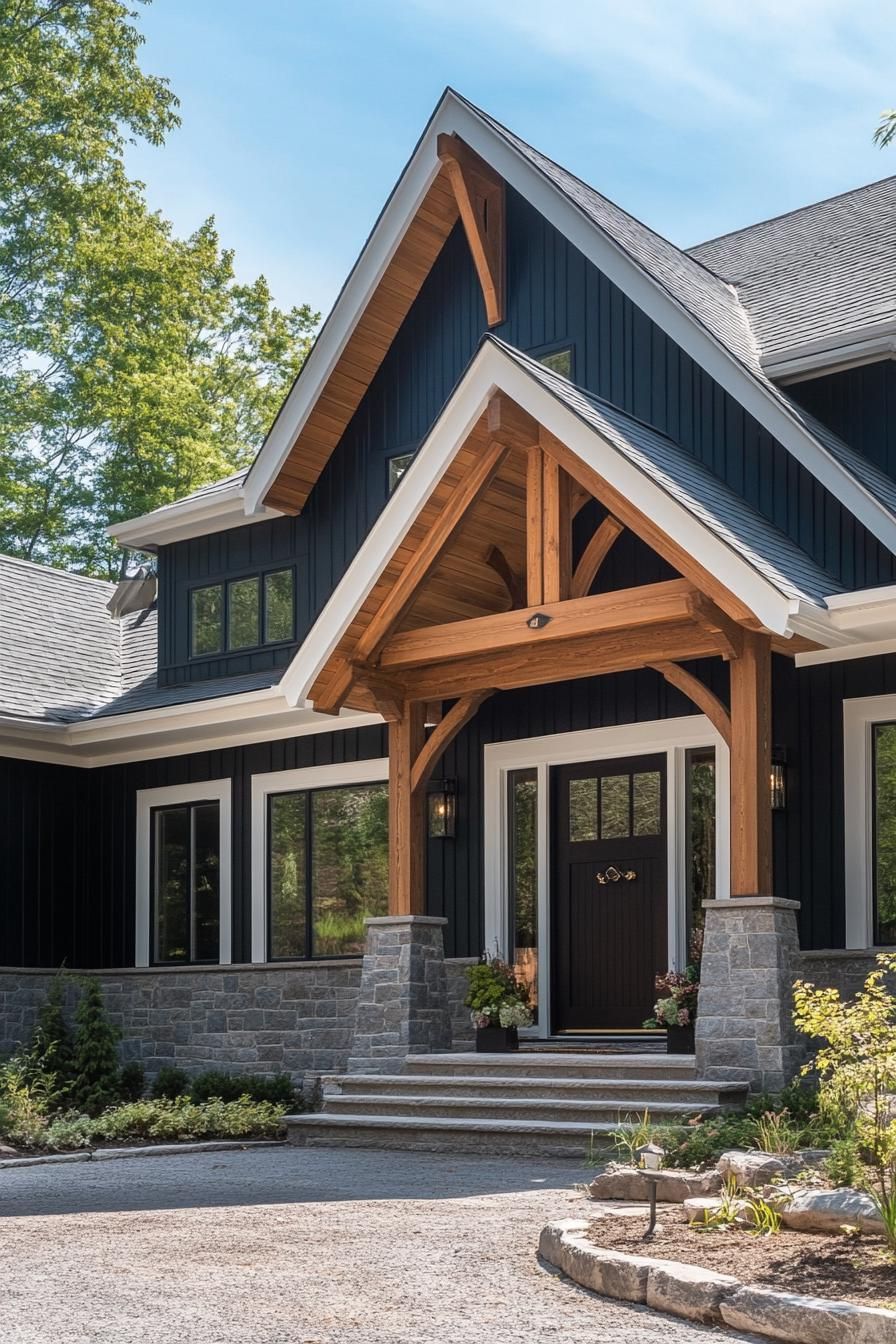 modern timber frame house facade with dark stain timber and contrasting white trim 2
