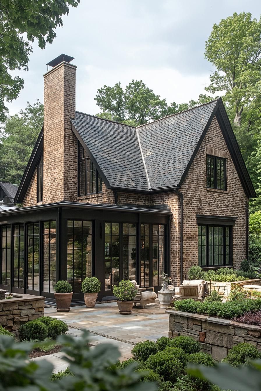 English cottage house brick facade in earthy tones with a chimney large glass enclosed porch with seating hardscape with stone fences shrubs and potted small trees 3
