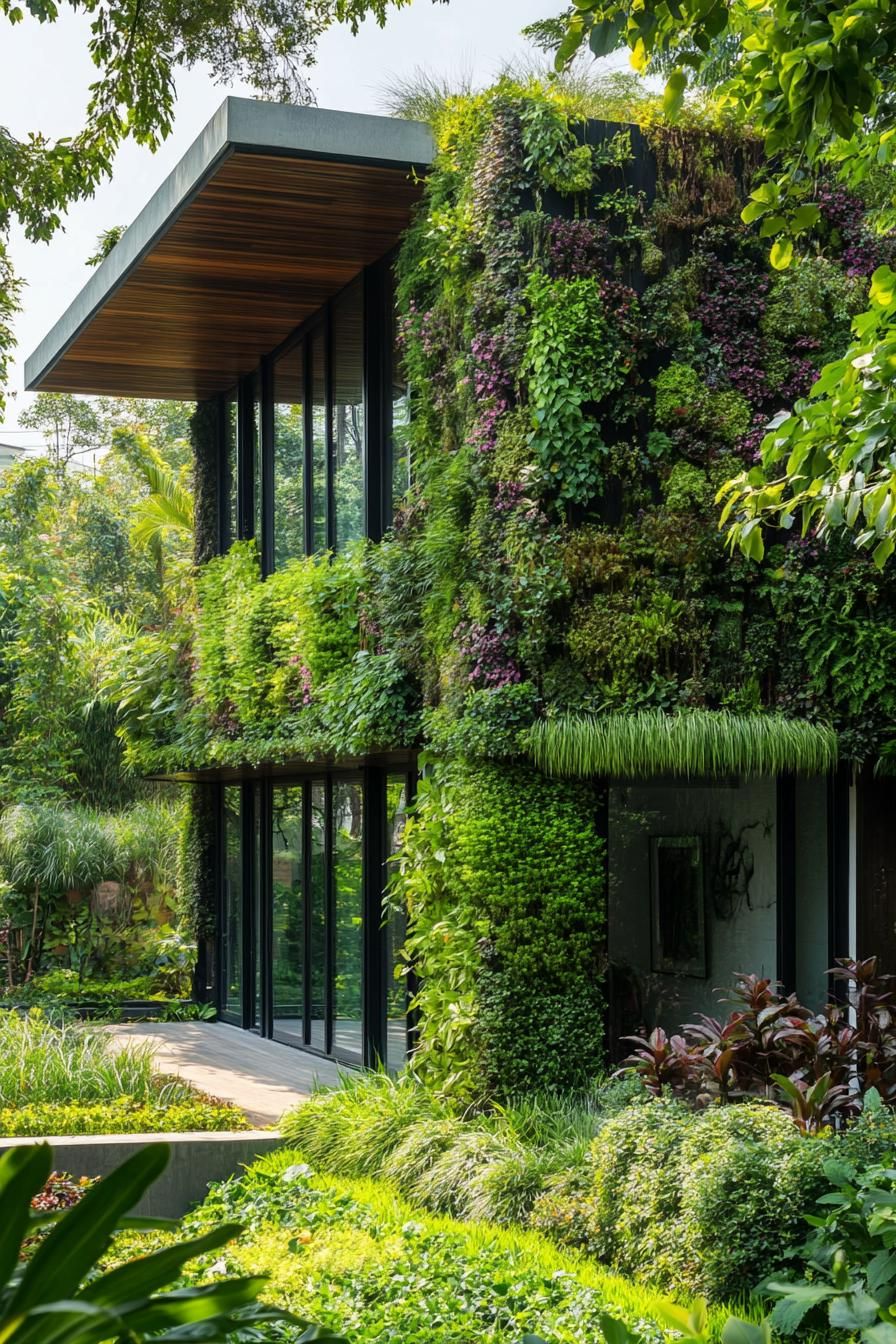 modern house garden with vertical garden lush forest landscape around 2