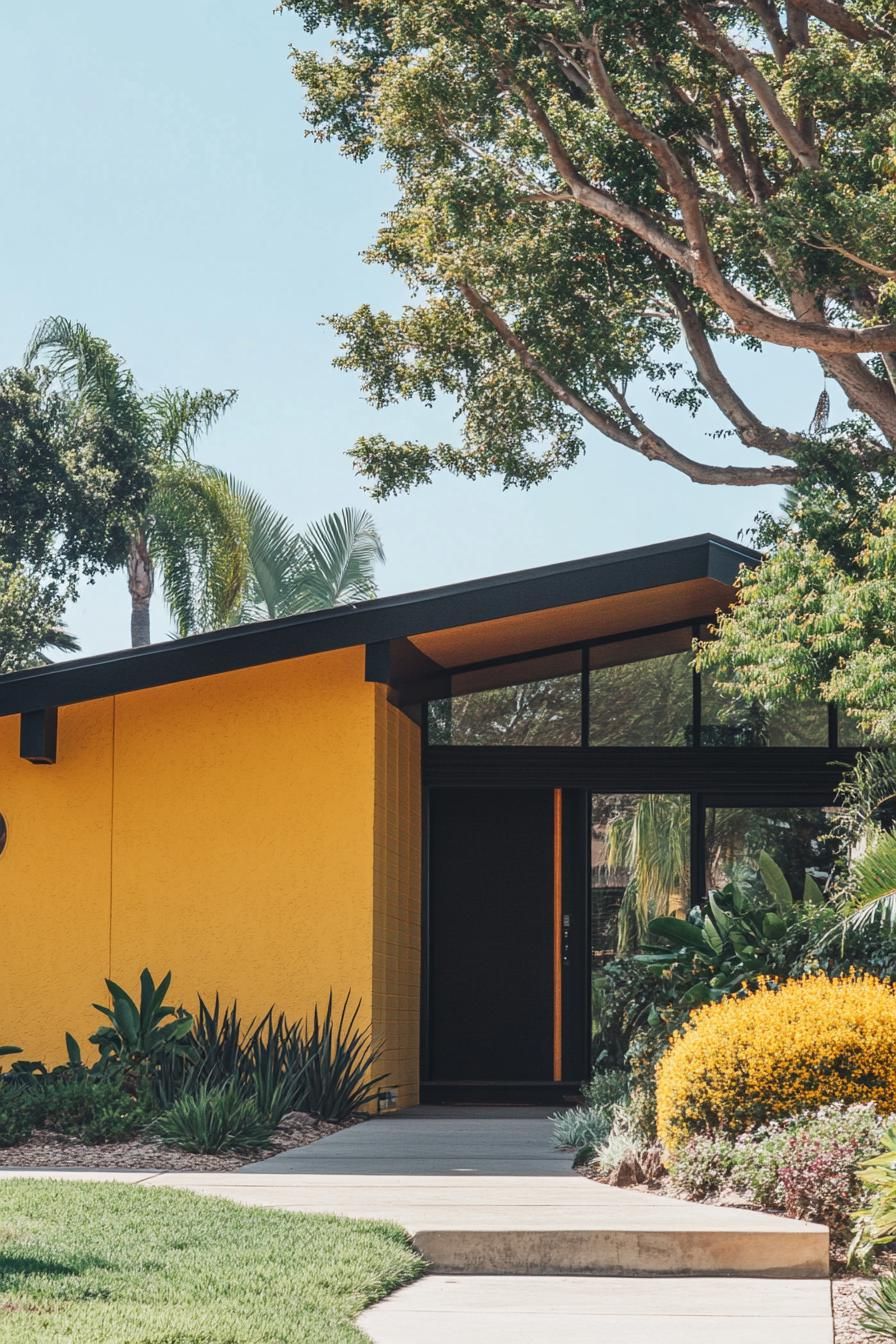 mid century modern house facade in sunshine yellow color with olive and black details