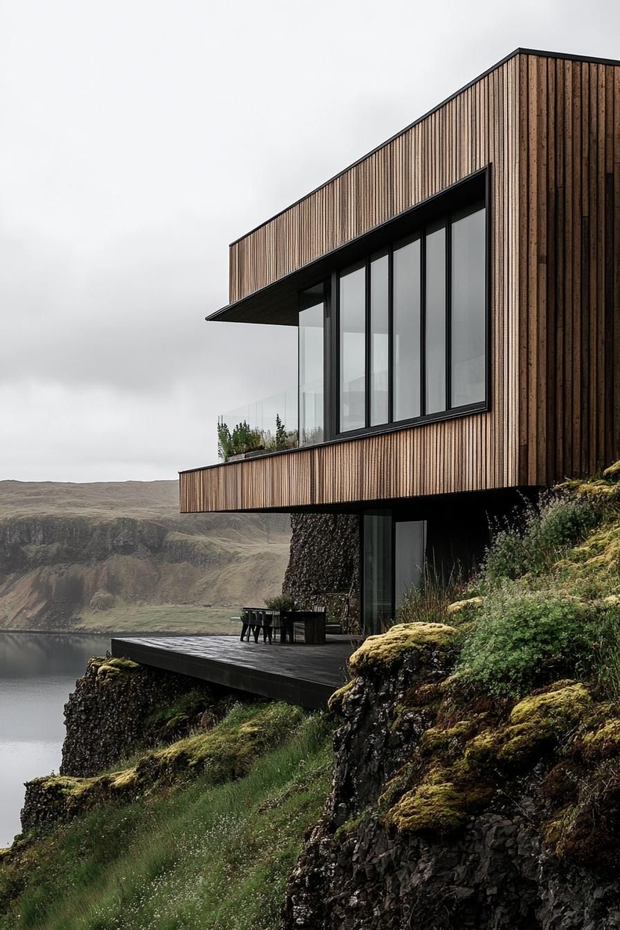 modern house with timber cladding and vertical wall gardens on a steep hill overlooking an Icelandic lake 2