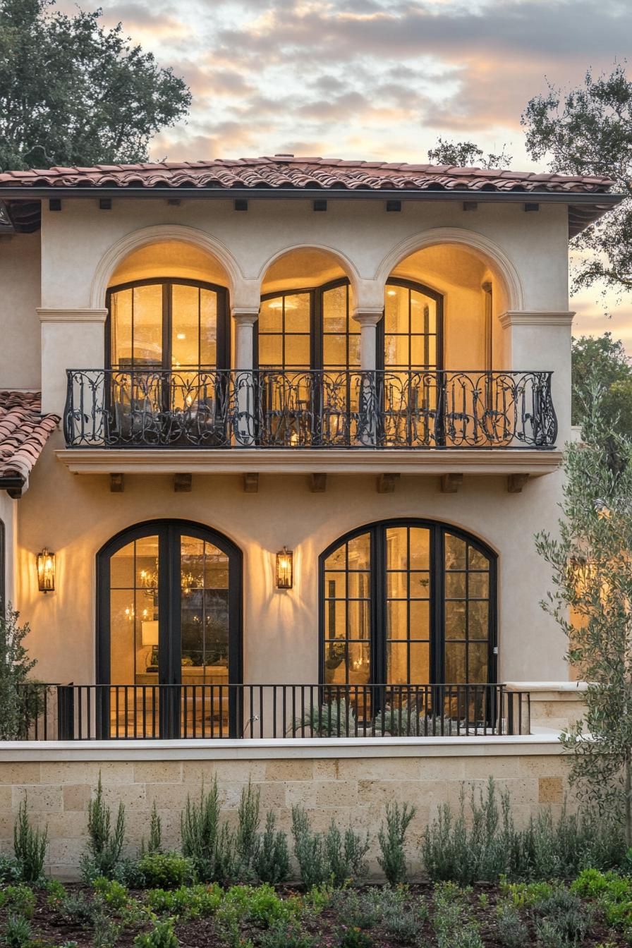 modern Tuscan house with arched windows and wrought iron balconies 3