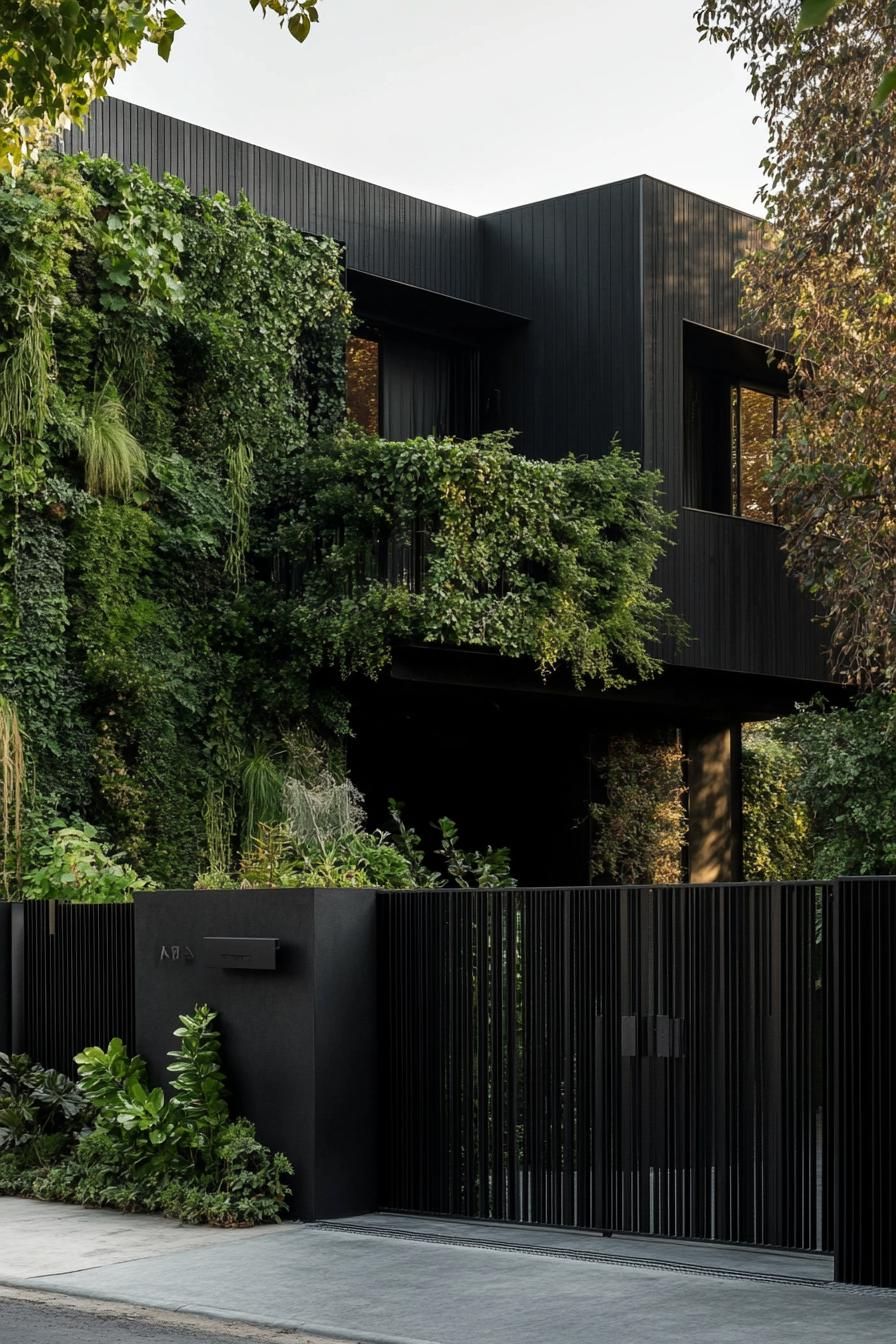 modern all black house yard with black steel fence and lush green vertical garden