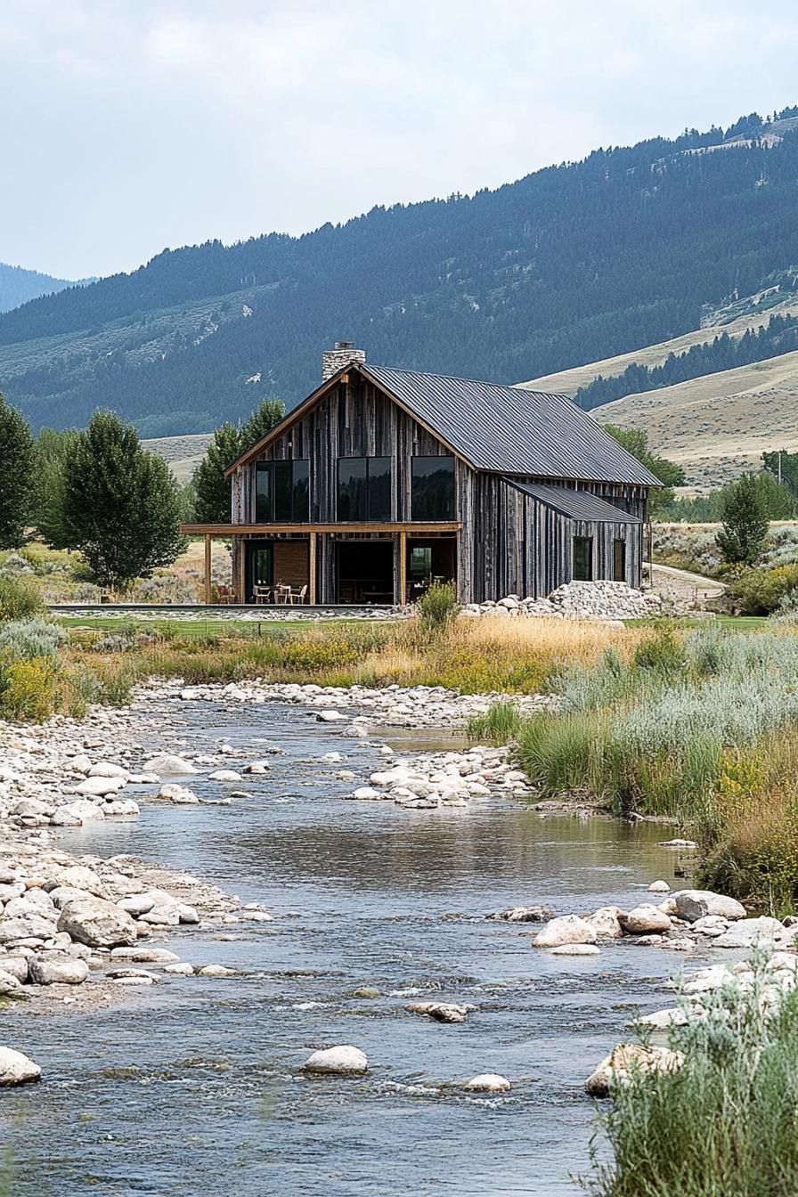 modern wooden barn style ranch house by a rocky river hills in the backdrop