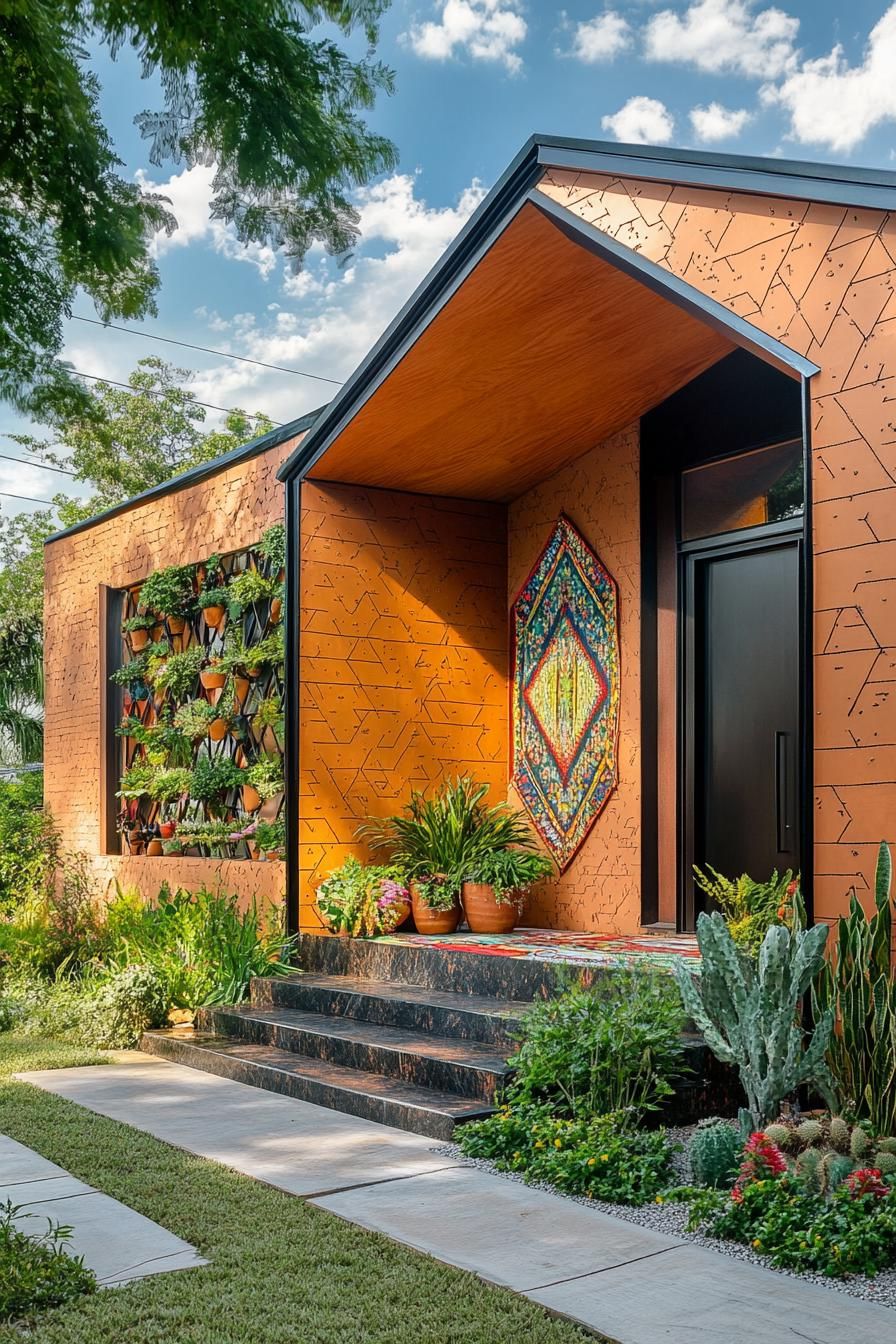 modern geodesic house facade with front porch covered in colorful bohemian textiles 3