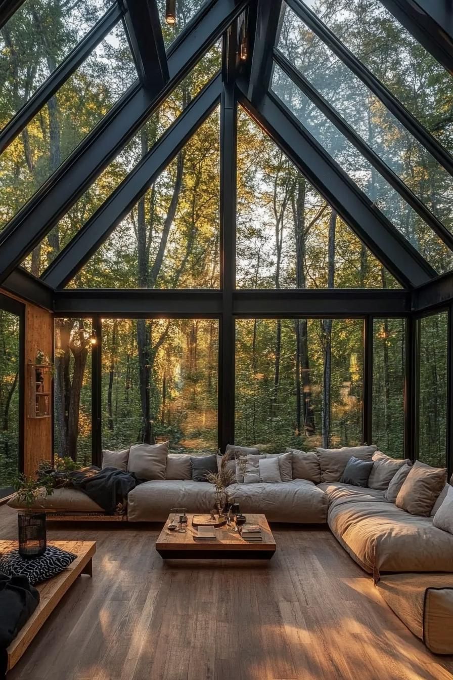 modern a frame forest cabin interior with glass walls and glass ceiling hardwood floor bulky sectional sofa floor cushions statement coffee table 3