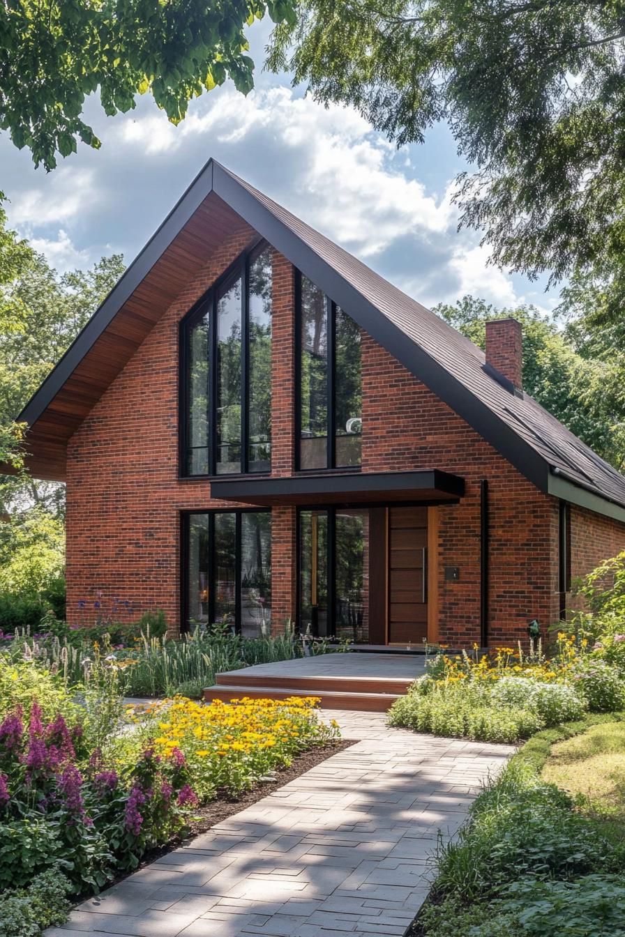 modern brick cottage with multi pitch roof exterior with flowers