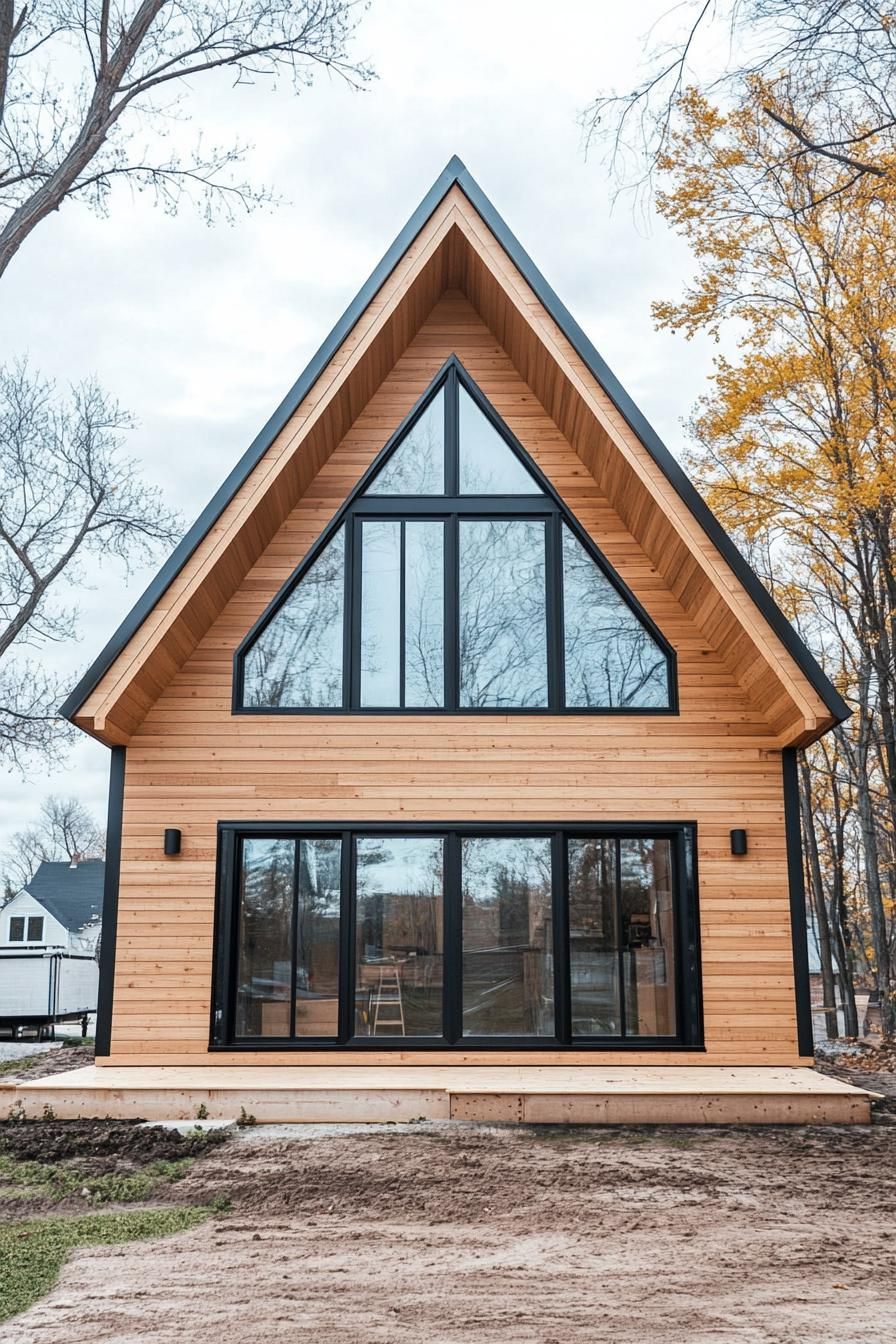 modern prefab small house facade with natural wood siding a frame roof large glass windows new construction site