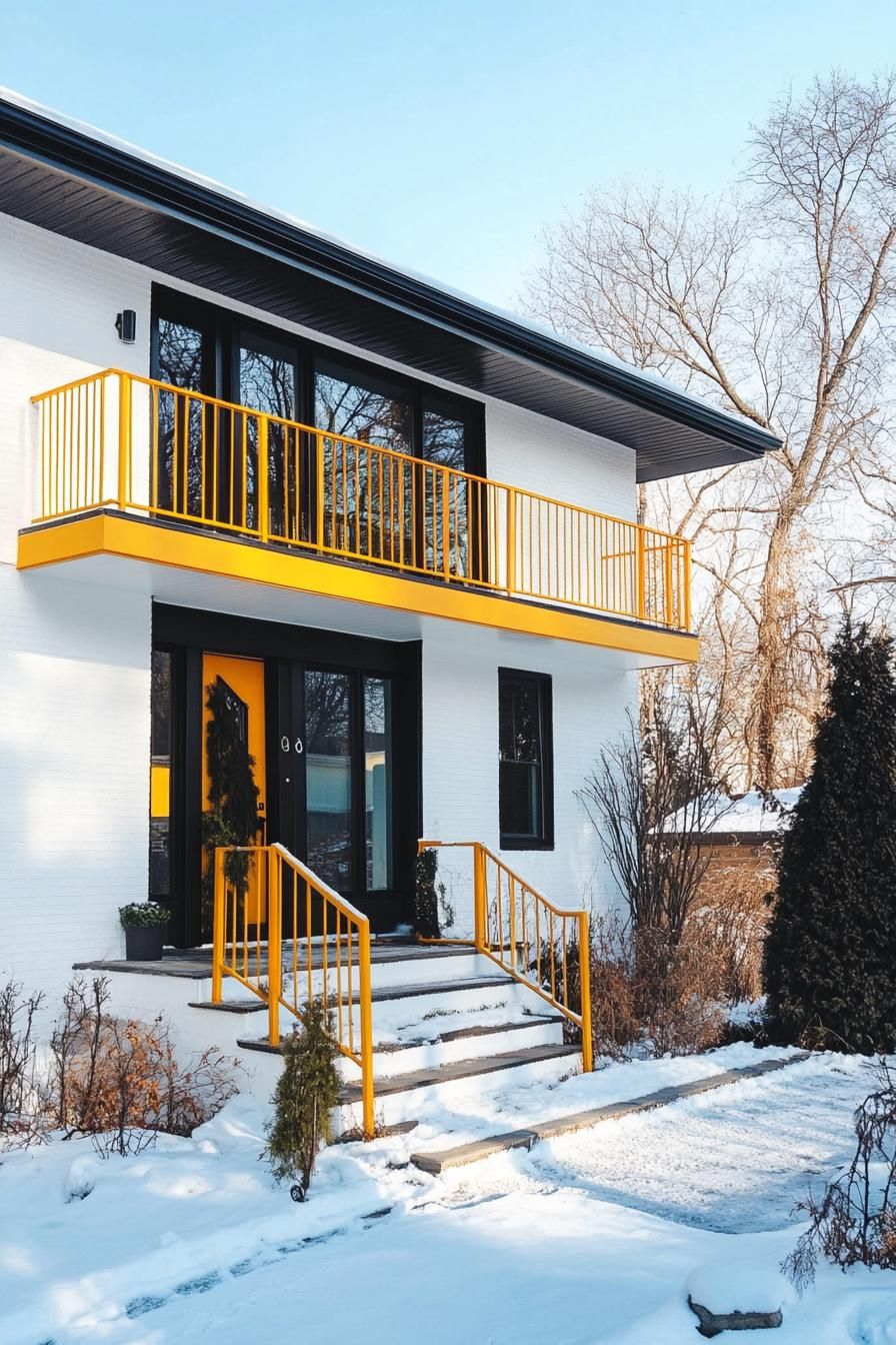 80s house exterior makeover facade white with black trim yellow balkony railings front yard with trees in suburbs winter