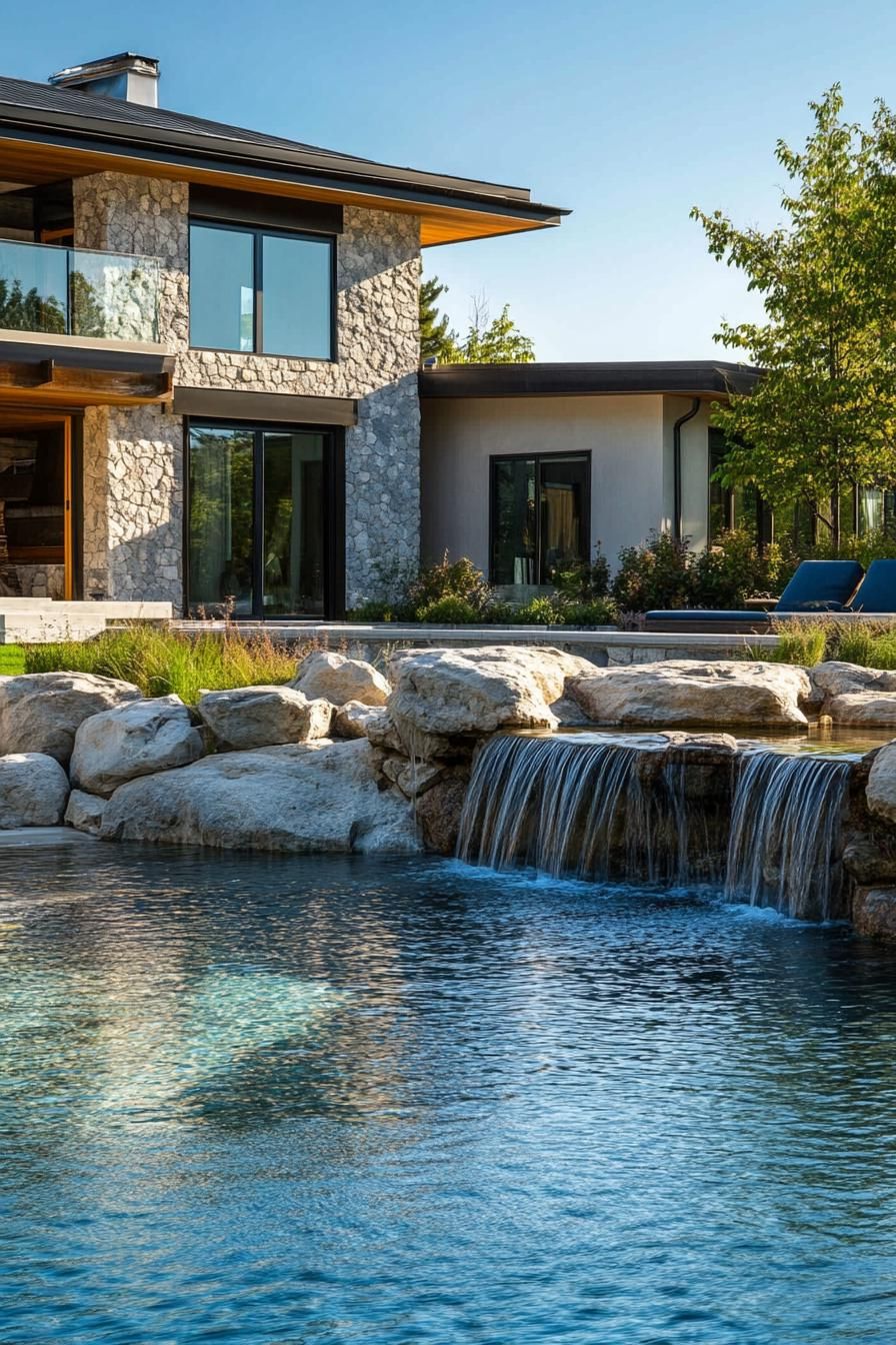 modern house backyard pool rock waterfall feature