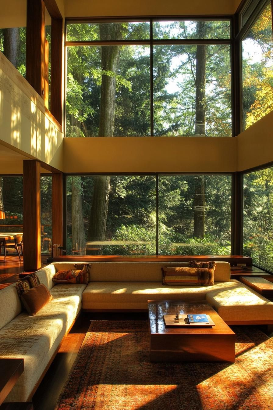 mid century modern house interior low profile sofa lounge with large windows overlooking a lush forest 3