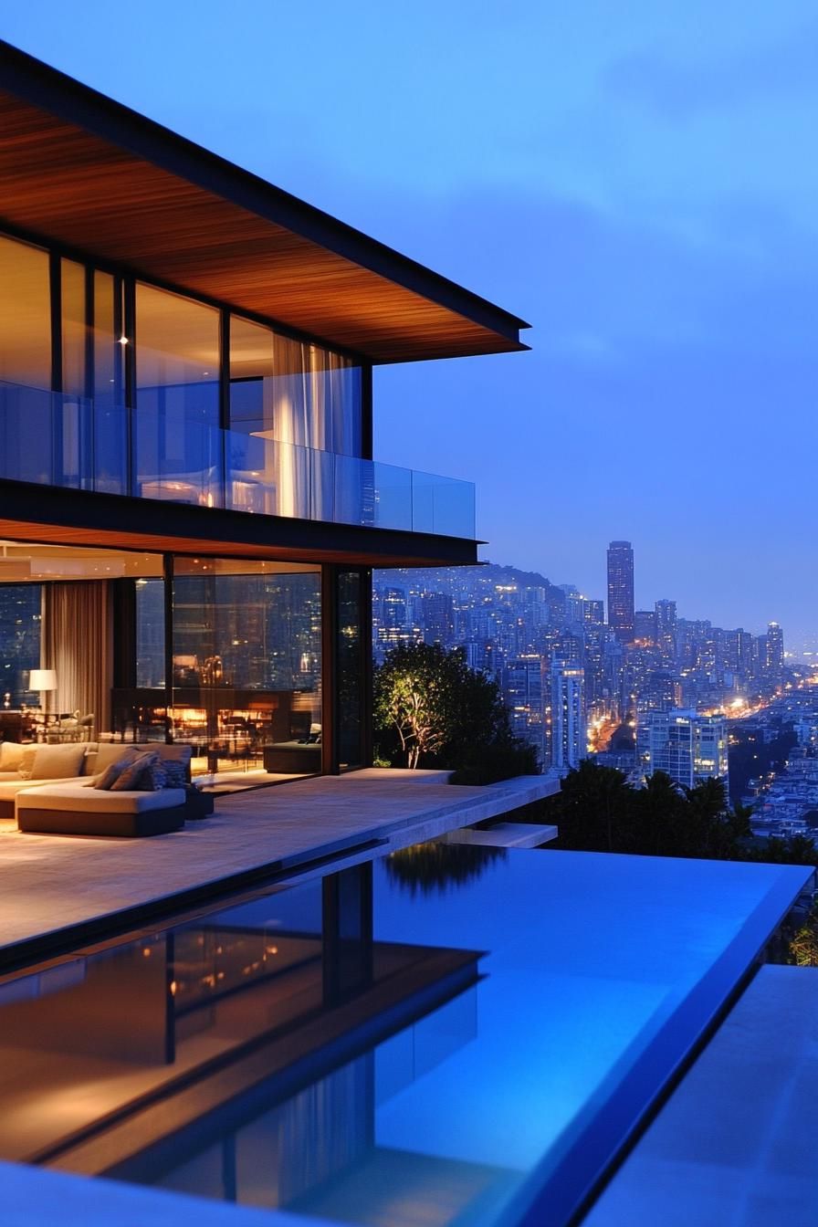 modern house with infinity pool overlooking big city skyline