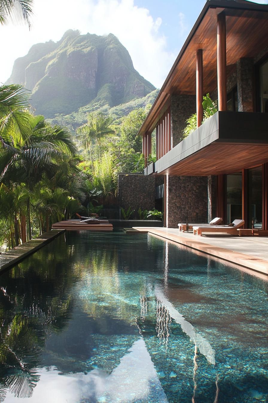 futurustic geometric dream house with large pool imposing tropical mountain in the background 3