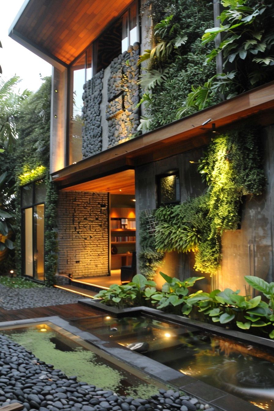 courtyard house vertical gardens pebble path