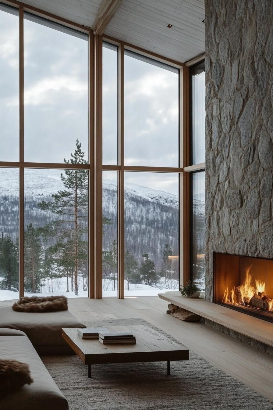 Modern Mountain Home With a Sleek Minimalist Stone Fireplace stunning Scandinavian mountain views through the windows