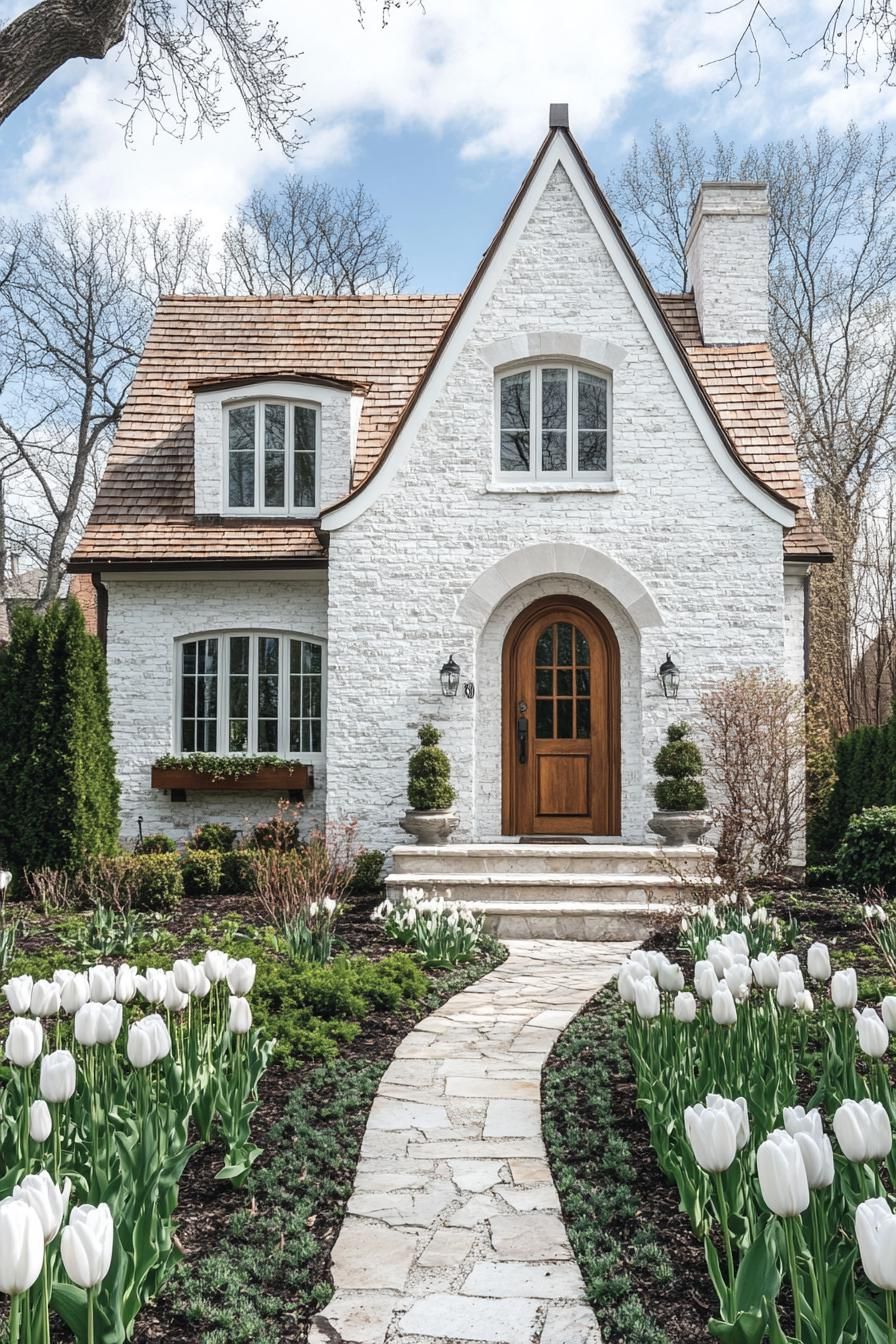 English cottage house white brick facade with white window tims cedar shingle roof arched front door small front yard with shrubs white tulips and stone pathway