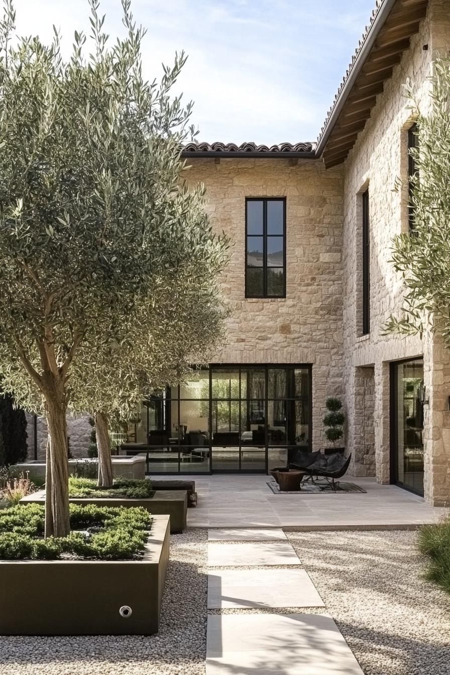 modern Tuscan home courtyard with olive trees 2