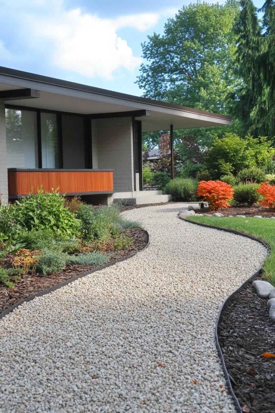 mid century modern house front yard gravel pathways with bold edging 3