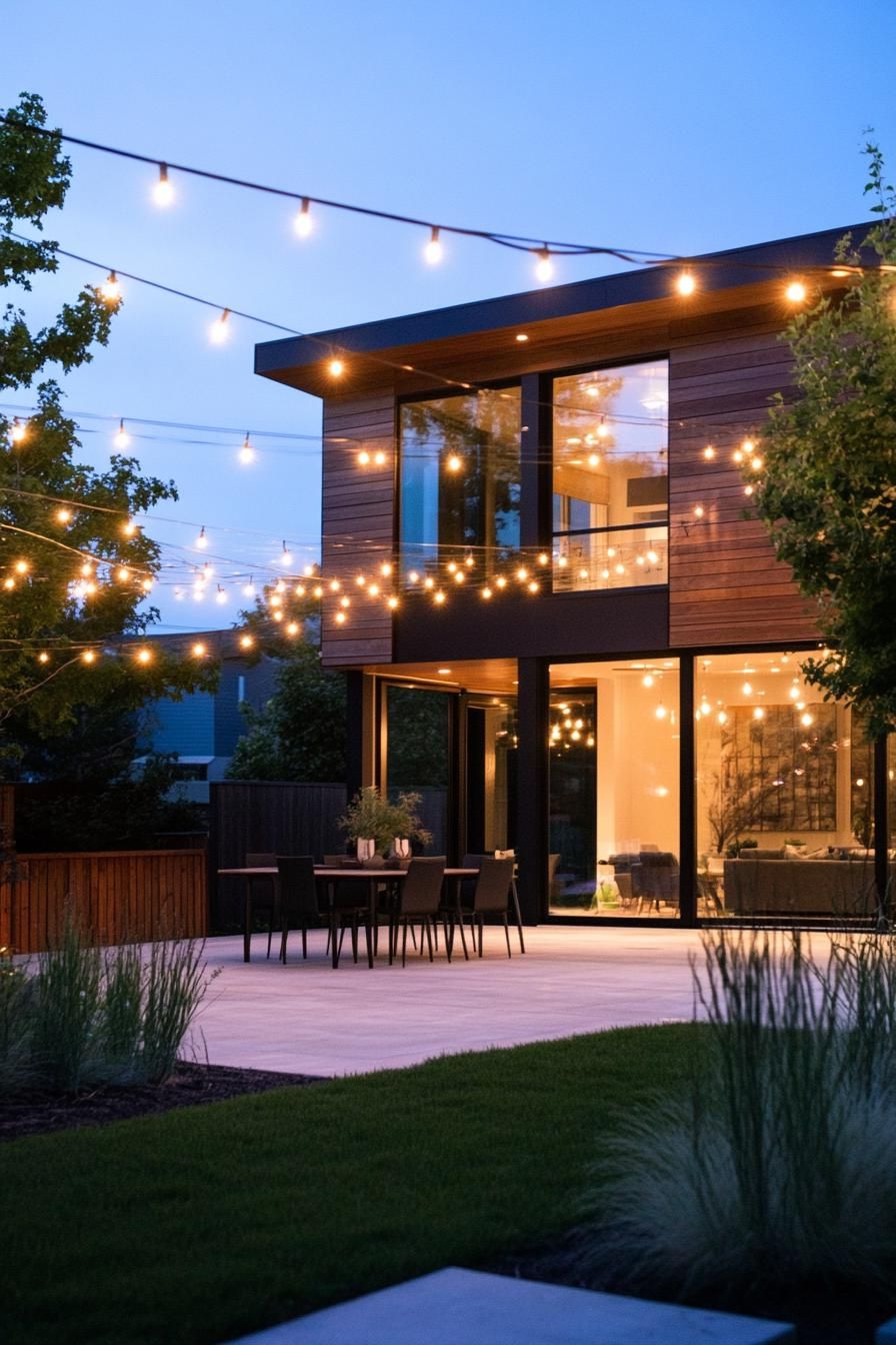 modern house yard with string LED lighting