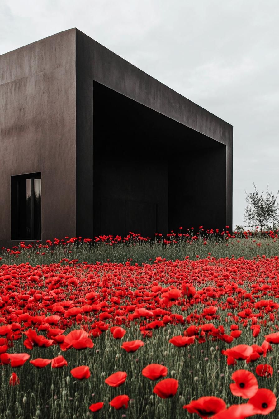 modern geometric obsidian house facade in a field of red poppies