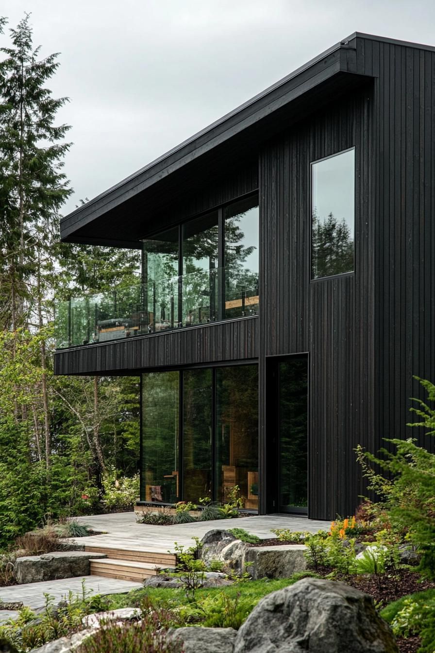 modern dark house with charred timber siding and glass accents