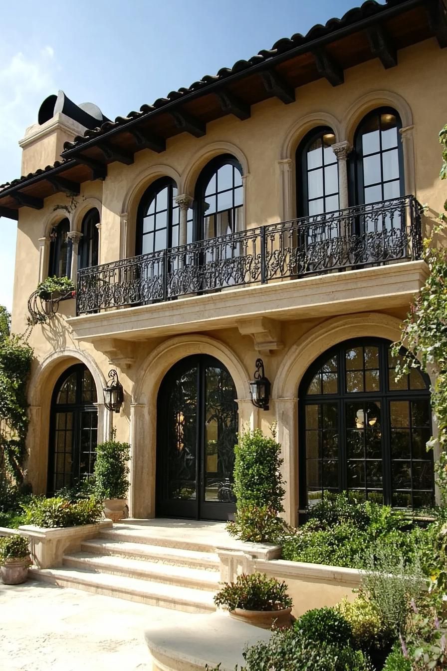 modern Tuscan house with arched windows and wrought iron balconies 2