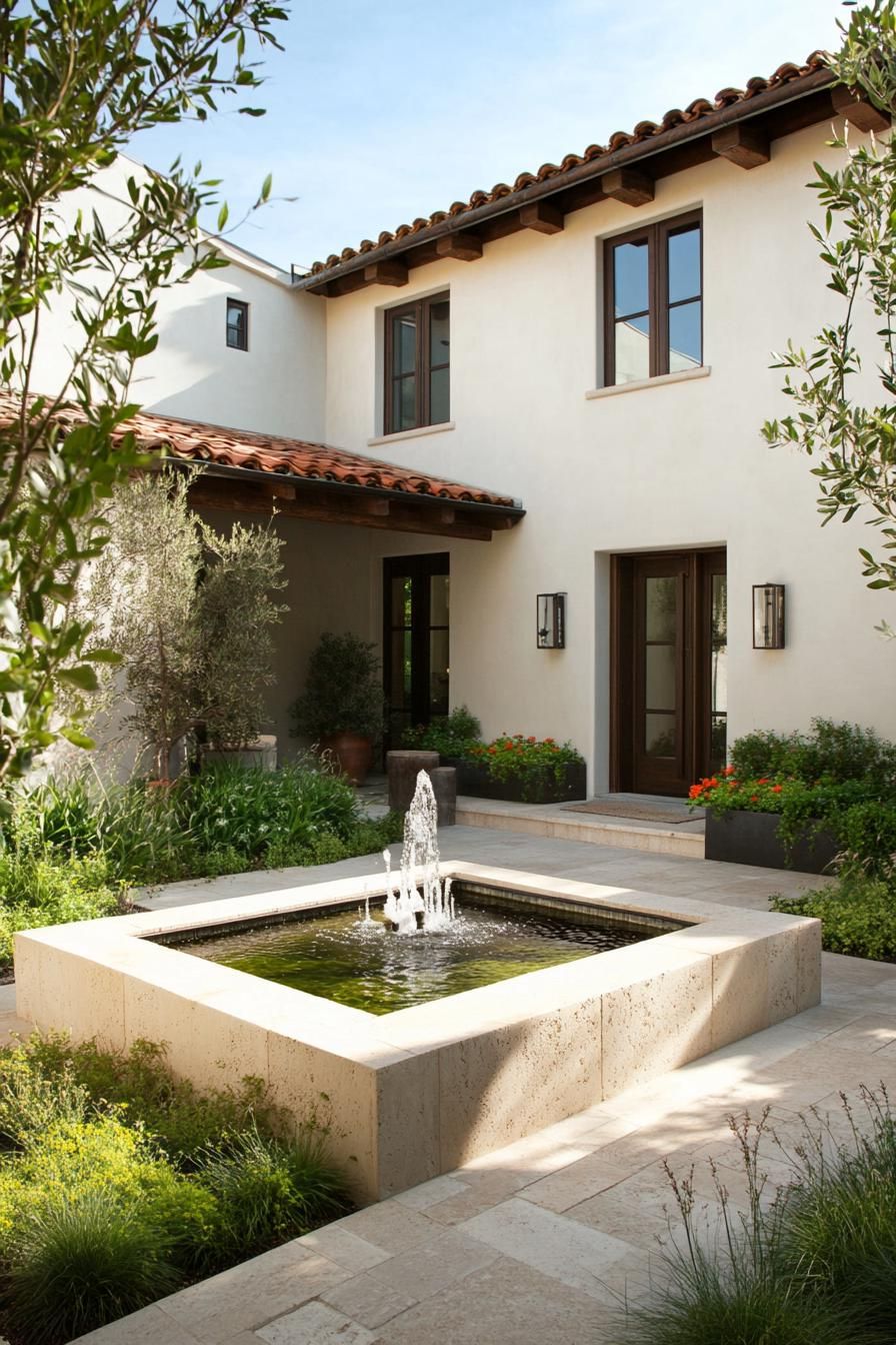 small modern mediterranean house courtyard with fountain and garden