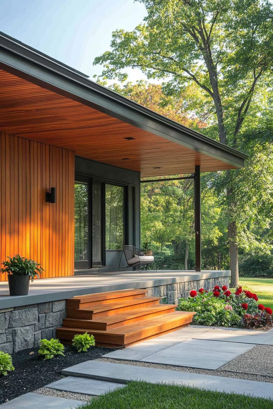 mid century modern house front porch with natural wood siding 2