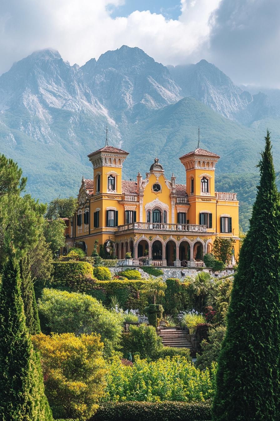luxury castle villa with bright colored facade imposing high mountain in the background with surrounding green forest 3