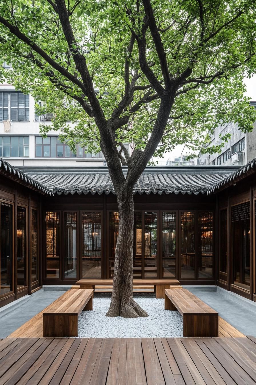 chinese inner courtyard with wooden deck bordered with concrete floor. theres a tall tree with gravel at its roots in the middle of the court wooden 2