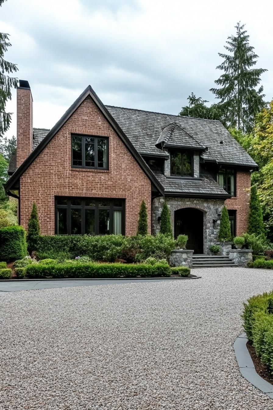 traditional natural brick house with gravel driveway and landscape with shrubs 2