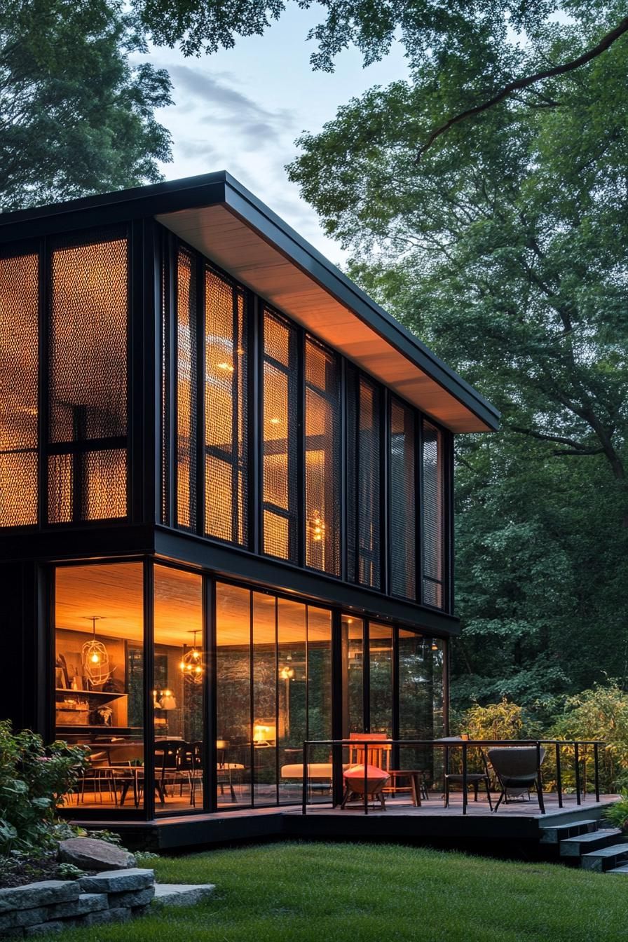 Black Metal Mesh Facade With Integrated Lighting