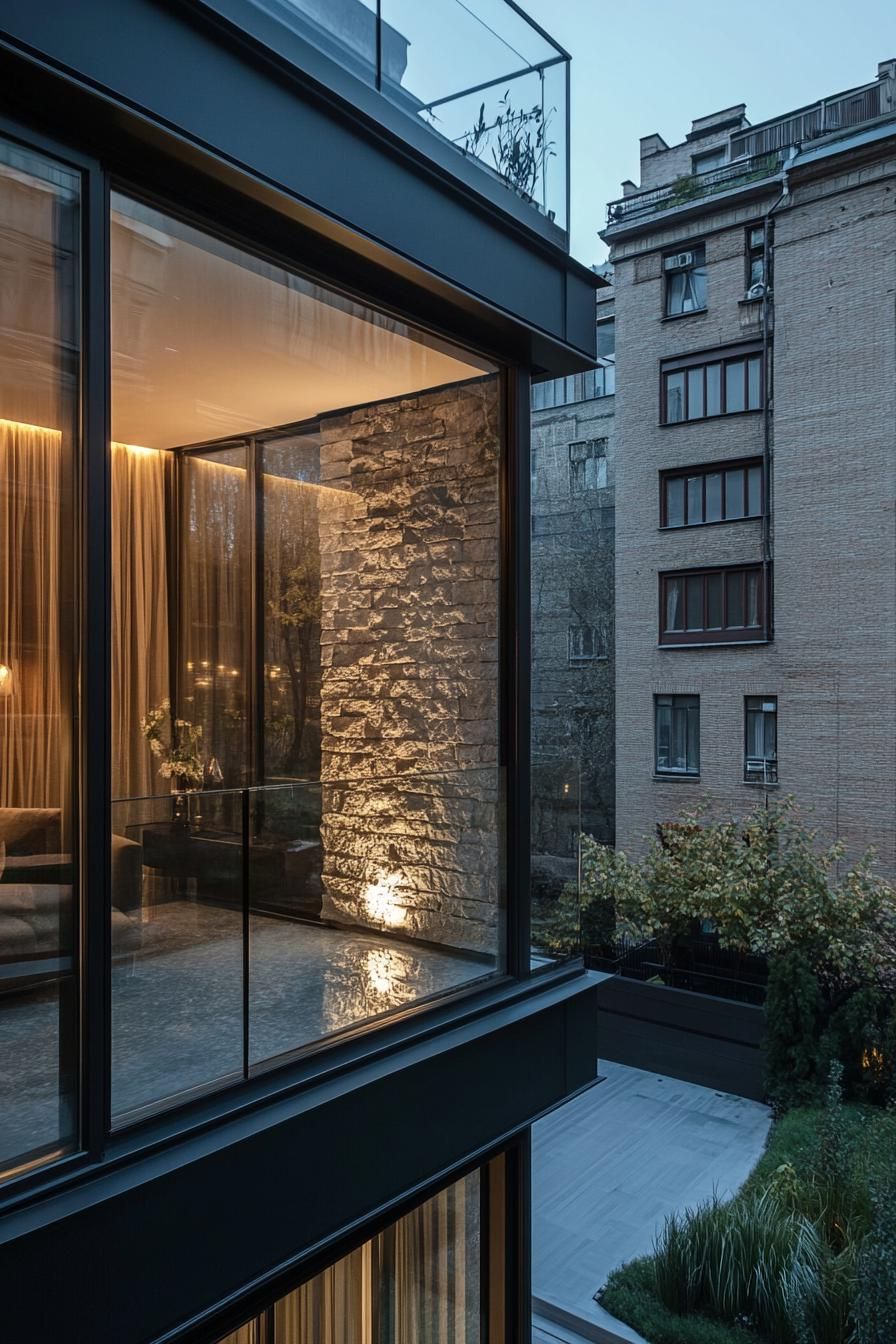 modern apartment small glass enclosed balcony with LED lighting