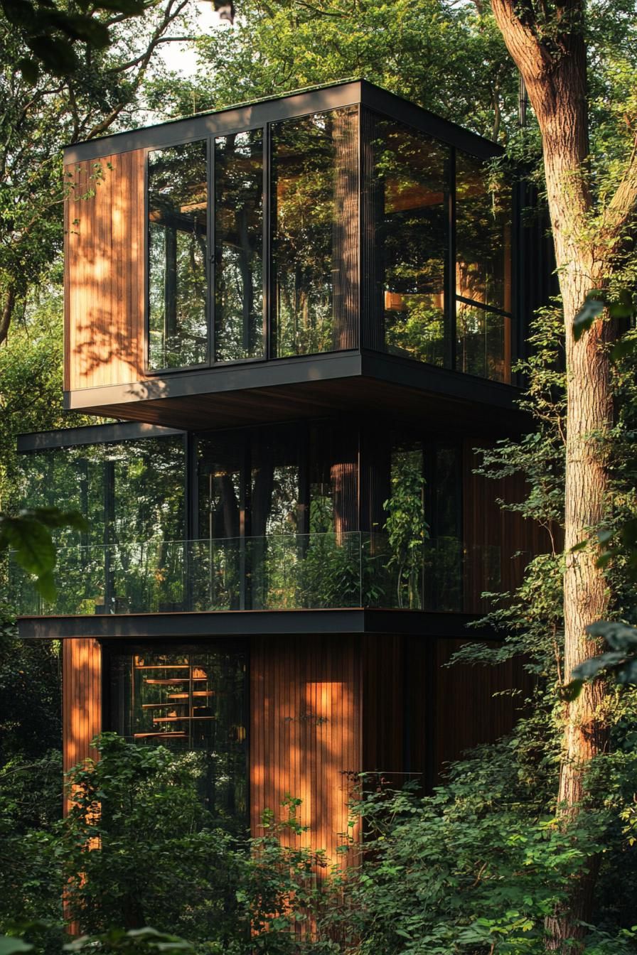 modern forest house treehouse facade with glass balcony wrapped around 2