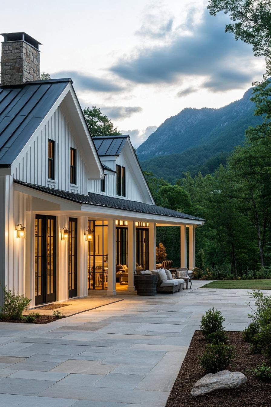 modern cottage style mountain house with white board and batten facade large open air porch with stone tile floor native landscaping stunning 2