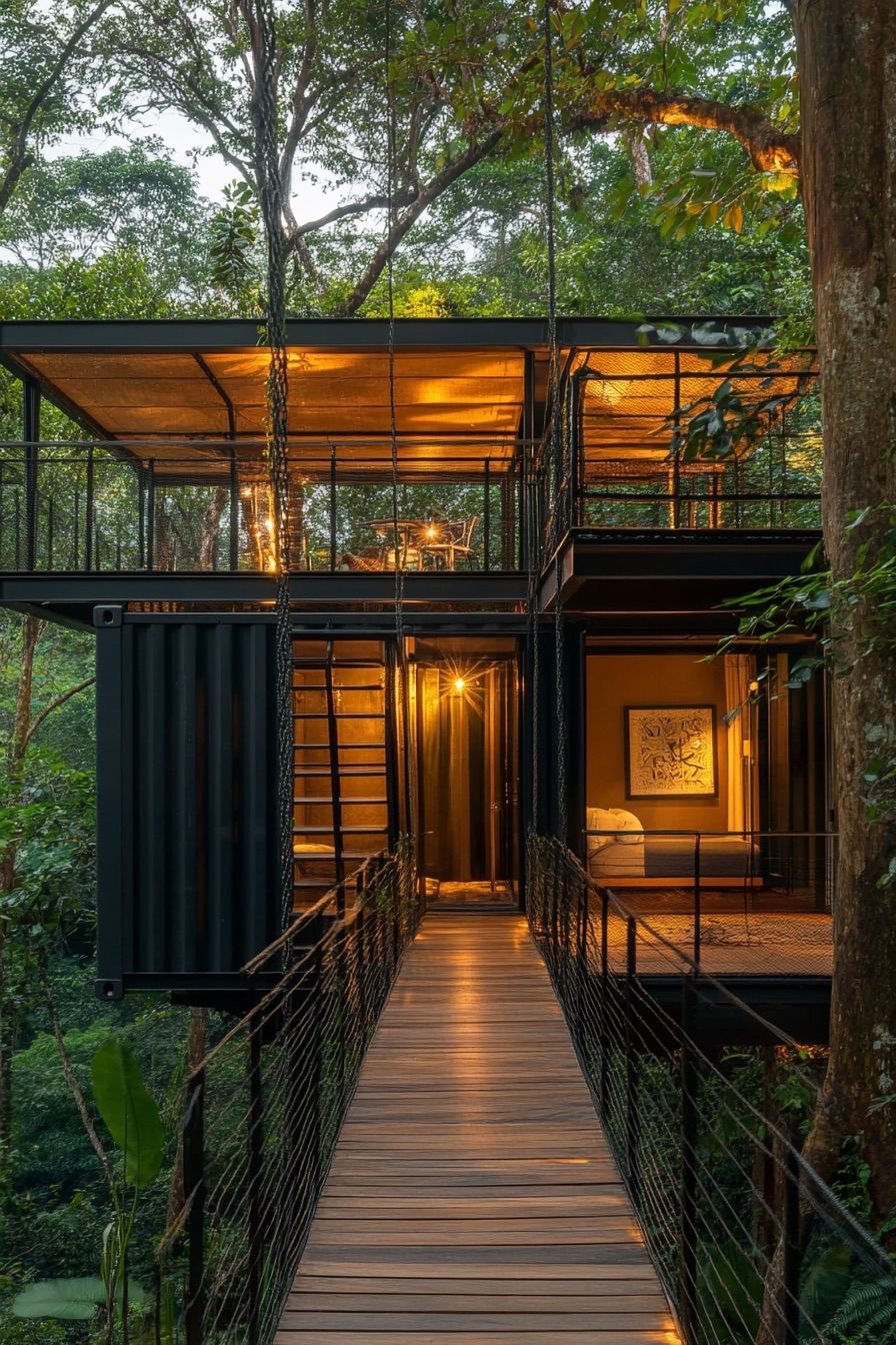 shipping container tree cabin suspended bridge 4