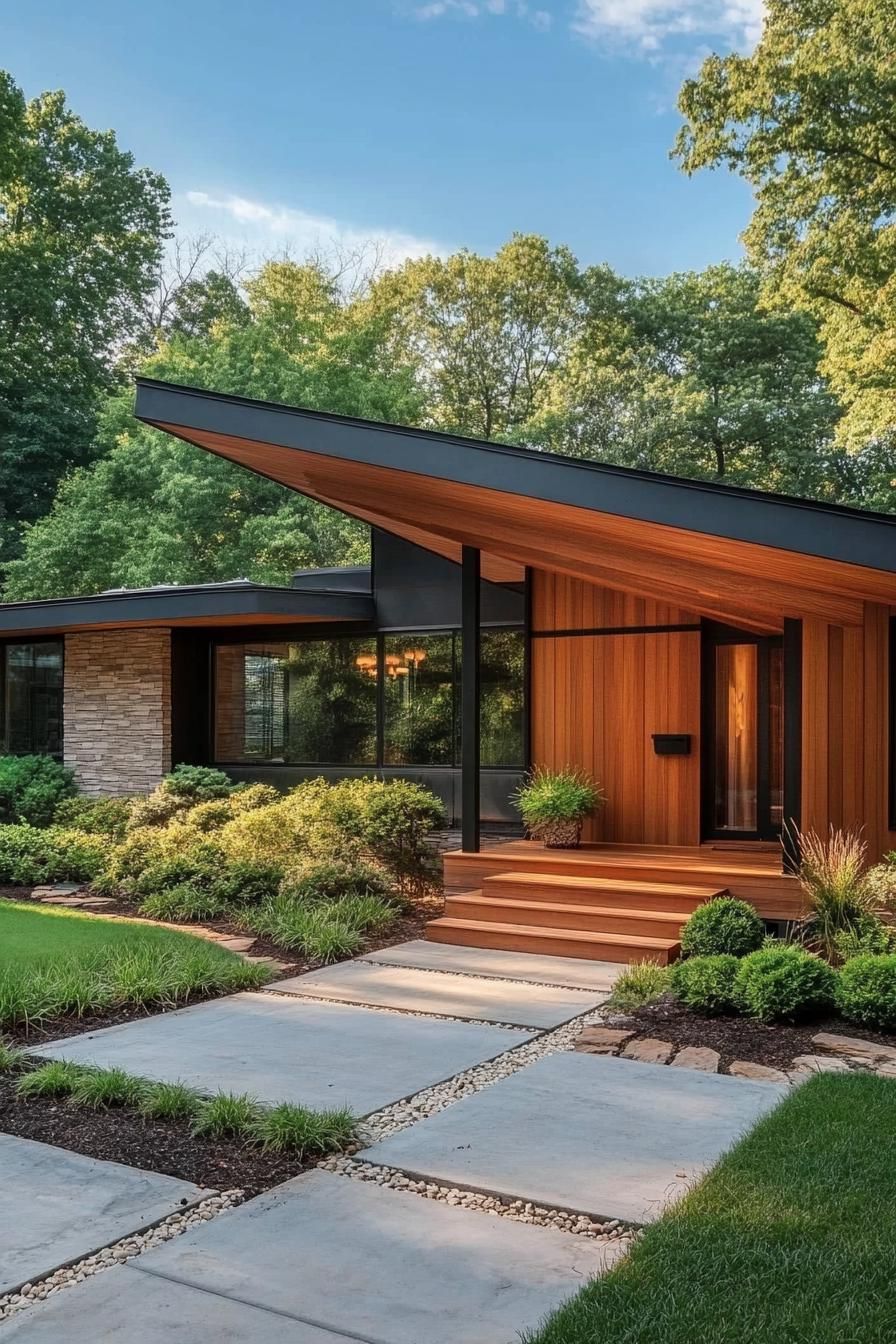 mid century modern house front porch with natural wood siding 3