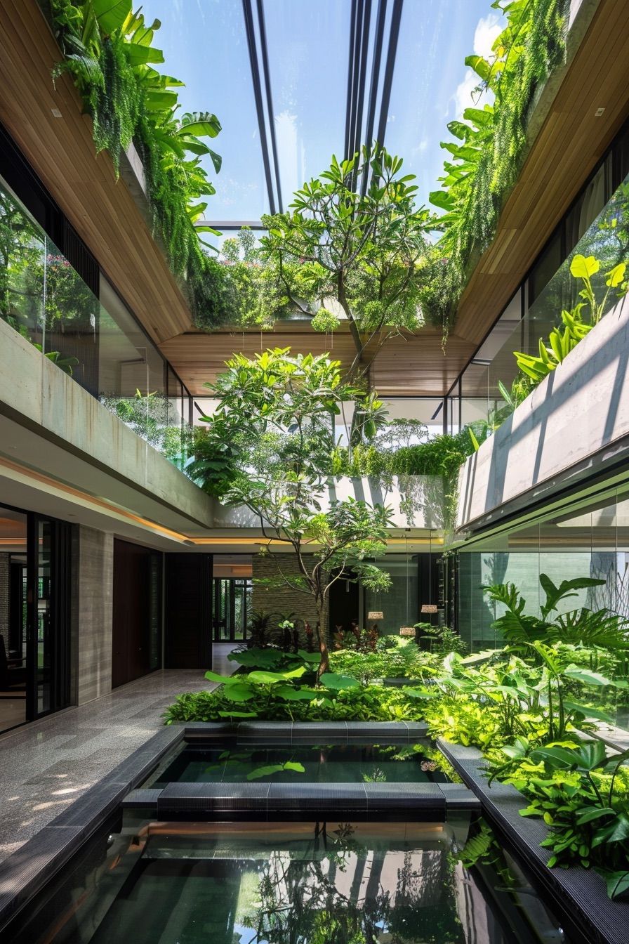 courtyard vertical gardens with pond