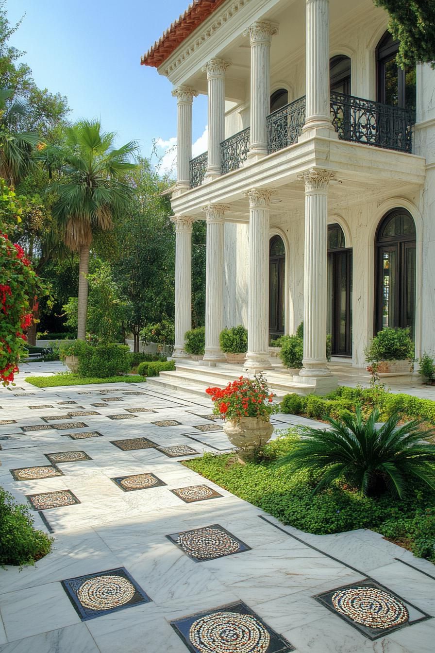 modern Greek marble mansion courtyard with columns mosaics and lush garden 2