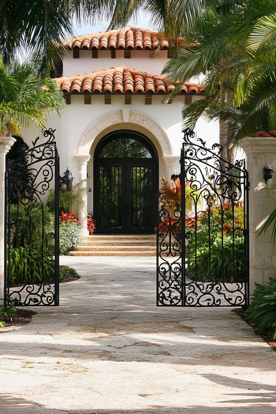 mediterranean revival architecture home courtyard with arched doorway and wrough iron ornate gate 2