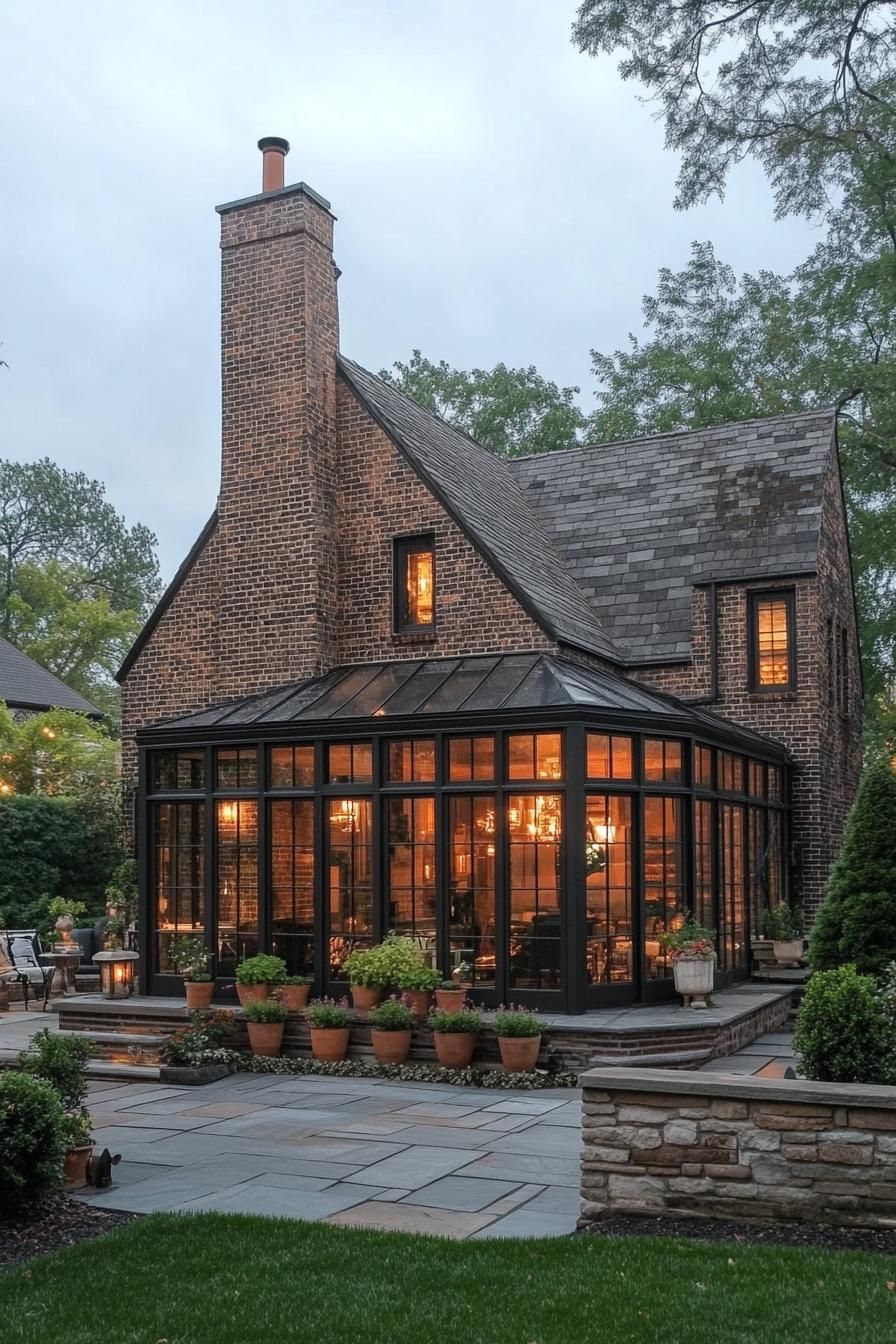 English cottage house brick facade in earthy tones with a chimney large glass enclosed porch with seating hardscape with stone fences shrubs and potted small trees 2