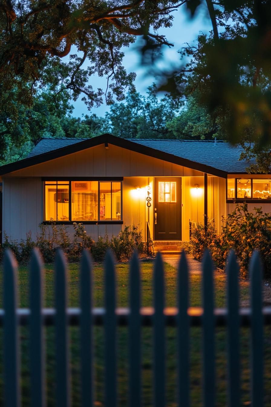 80s house exterior modern renovation facade with neon lights picket fence traditional front yard