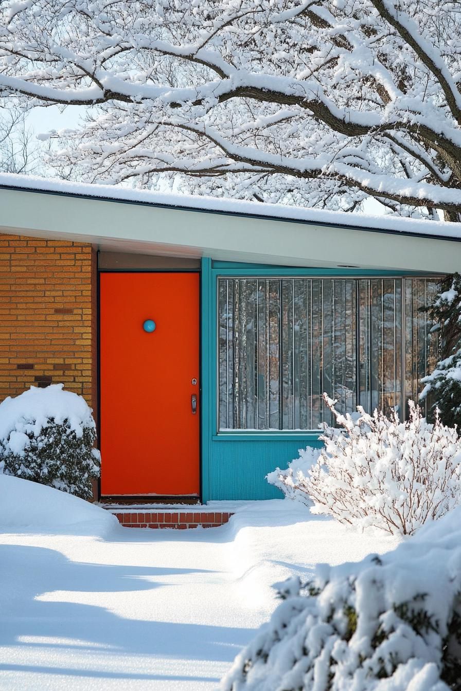mid century modern 1950s style house entryway facade in popping accent color in winter 2