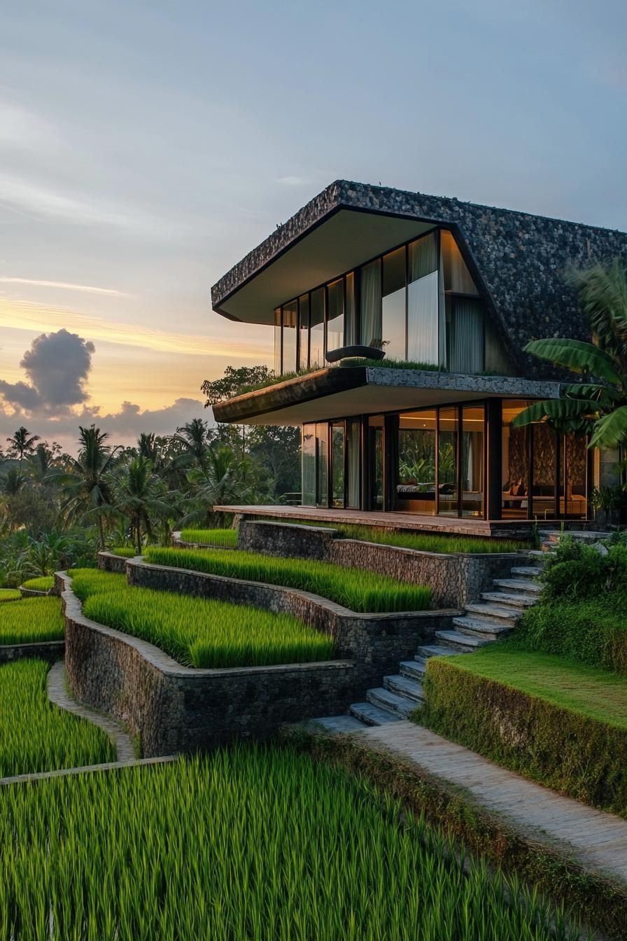 modern geometric villa house with multiple terraces in stunning Bali rice fields 2